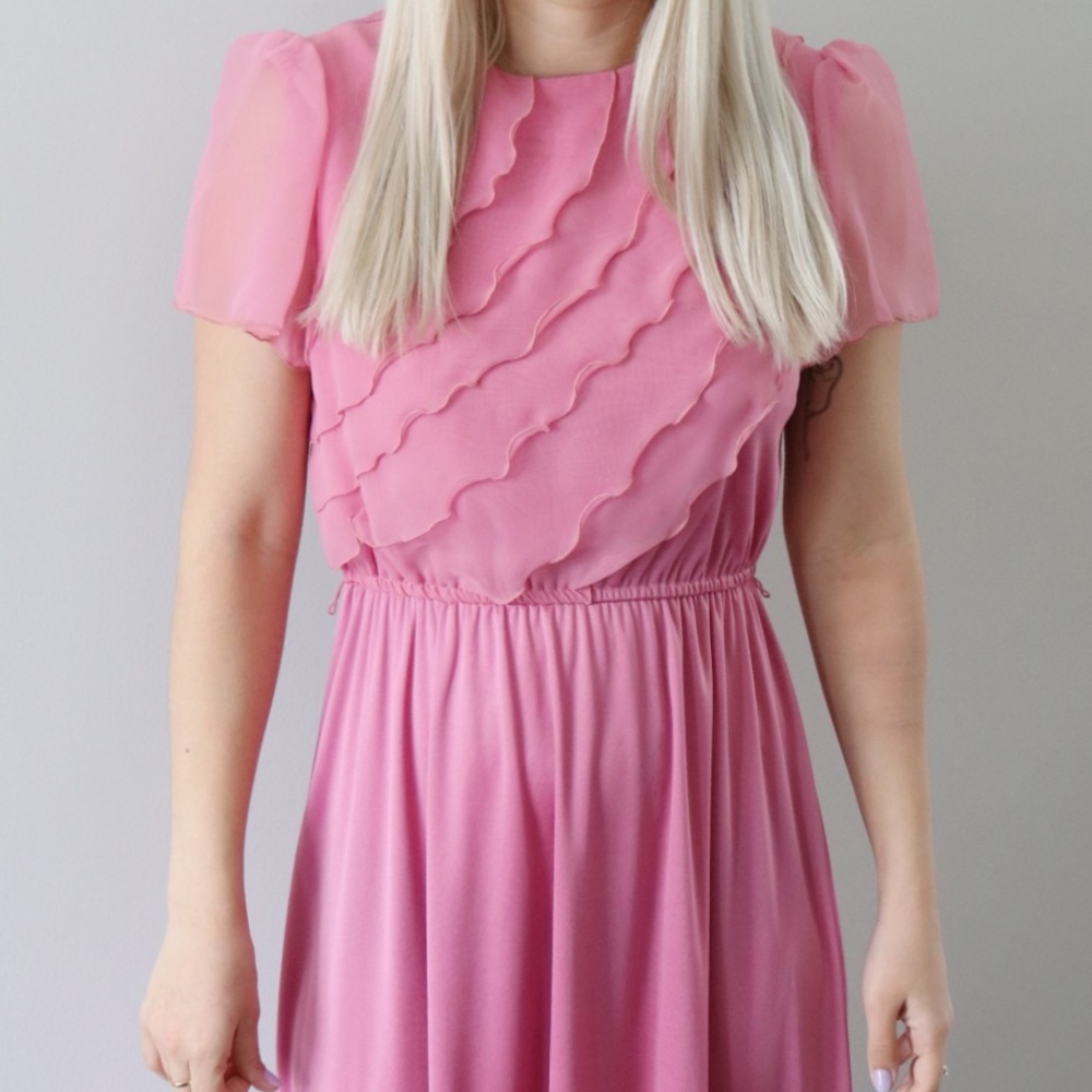 70’s Pink Ruffle Breast Dress with Sheer Sleeves